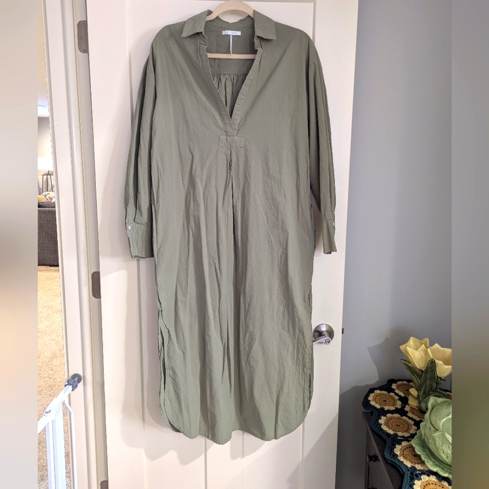Long Sleeve Olive Green Dress 100% Cotton Peasant Style Size M